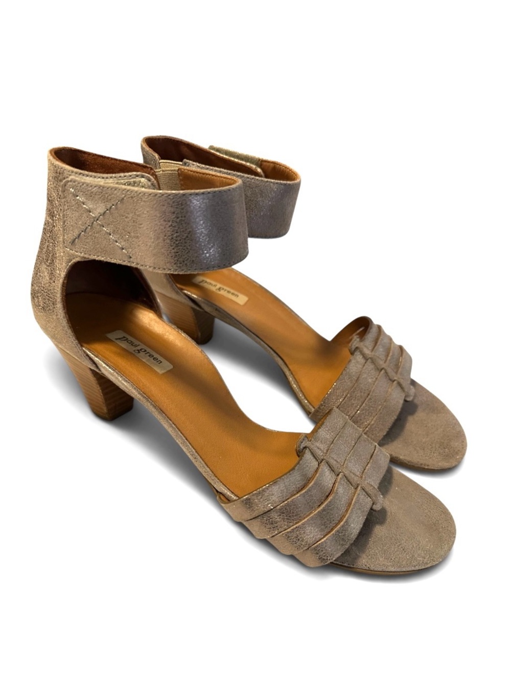 Paul Green Coco Smoke Metallic Leather Taupe Ankle-Strap Sandal Wooden Heel Sz 8 - Picture 2 of 10